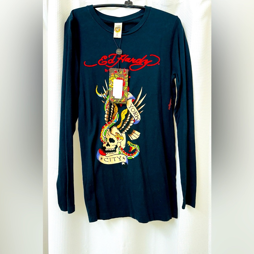 Ed Hardy black long-sleeve tee- New york bold skull and snake tattoo graphics.